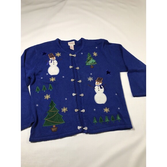 Vintage Crystal Kobe Heavy Knitted Christmas Snowmen Sweater Blue Size Medium - Picture 1 of 9